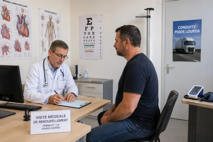 Un médecin agréé remplit le formulaire de visite médicale face à un conducteur, dans un cabinet où une affiche « Conduite poids lourds » est apposée au mur.